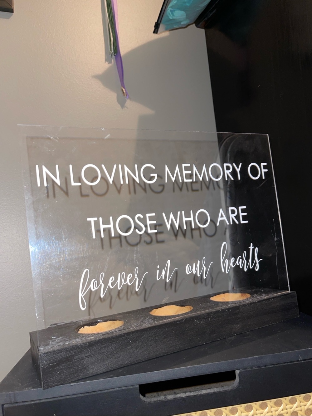 Memorial Acrylic Sign - Black Base with White Lettering 3 Tea Light Holder